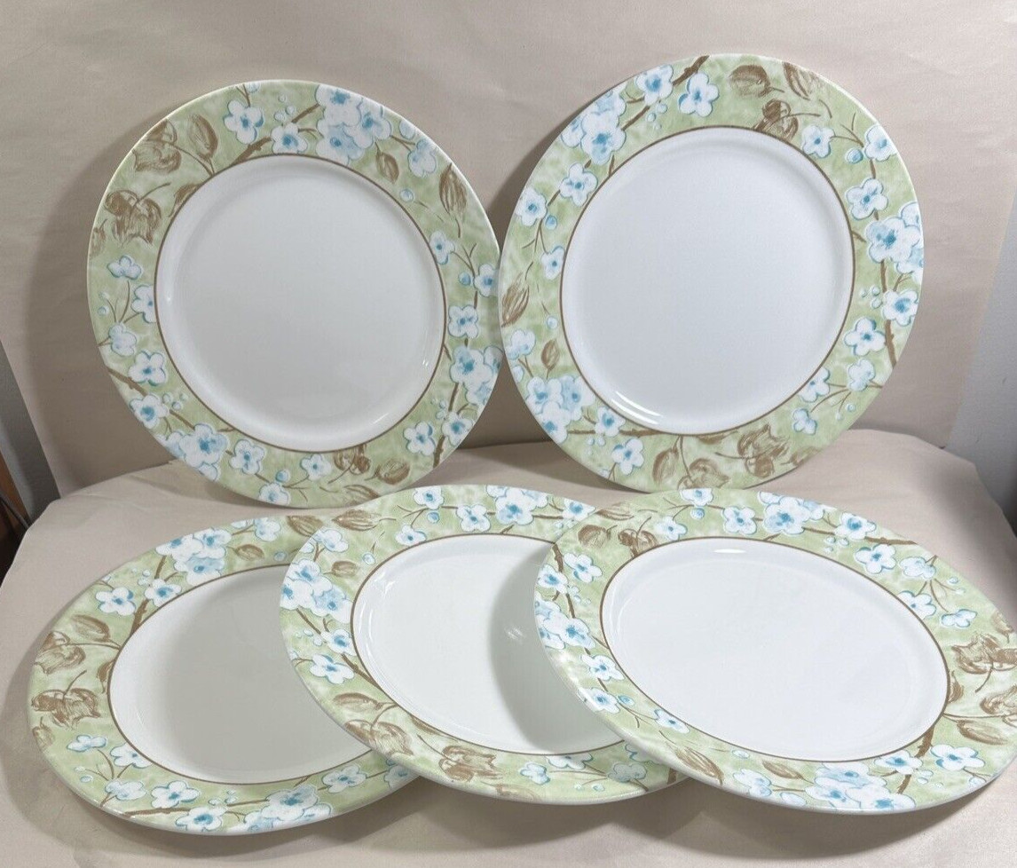 Five (5) Corelle SPRING LINEN Dinner Plates 10 3/4" Brown Blue Wide Rim