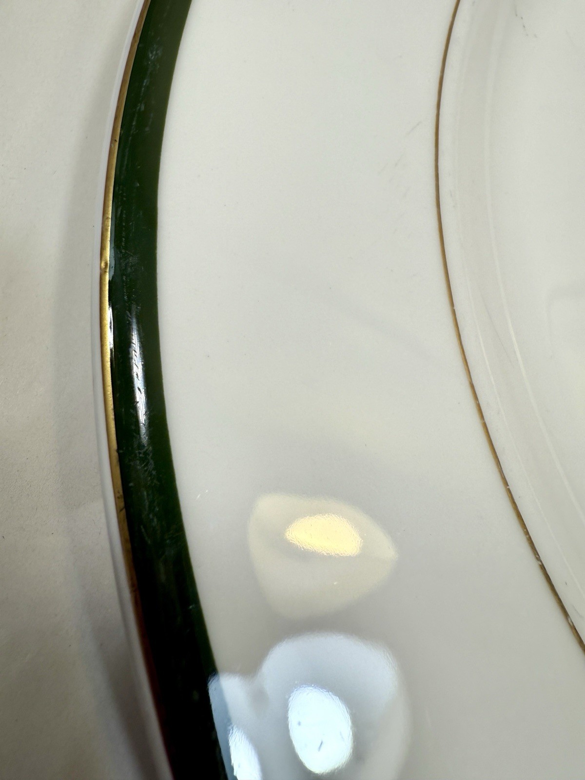 One DUDSON England 12-1/2" FINE CHINA Dinner Plate - EUC - Green Gold Trim - Image 3