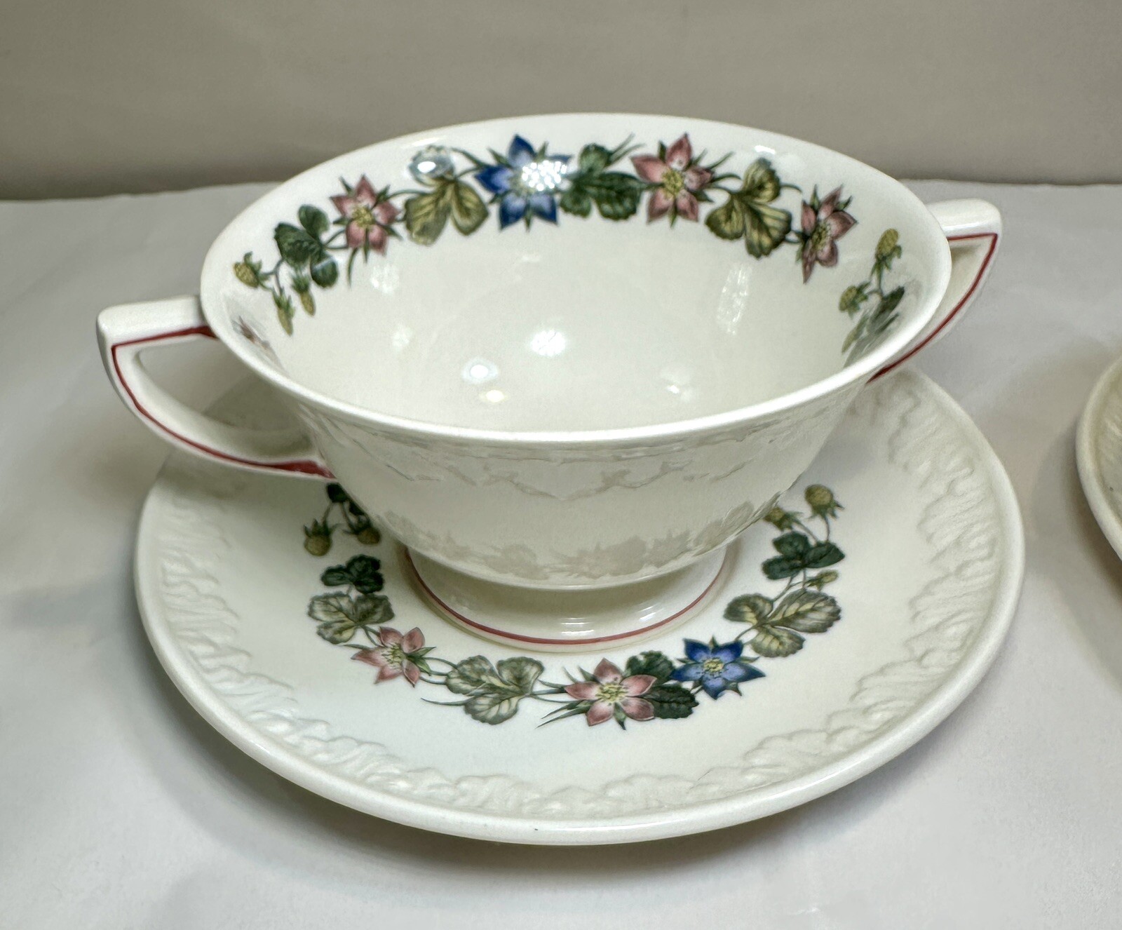 Two (2) Wedgwood Corinthian "Pembroke" Footed Cream Soups Bowls and Saucers - Image 2