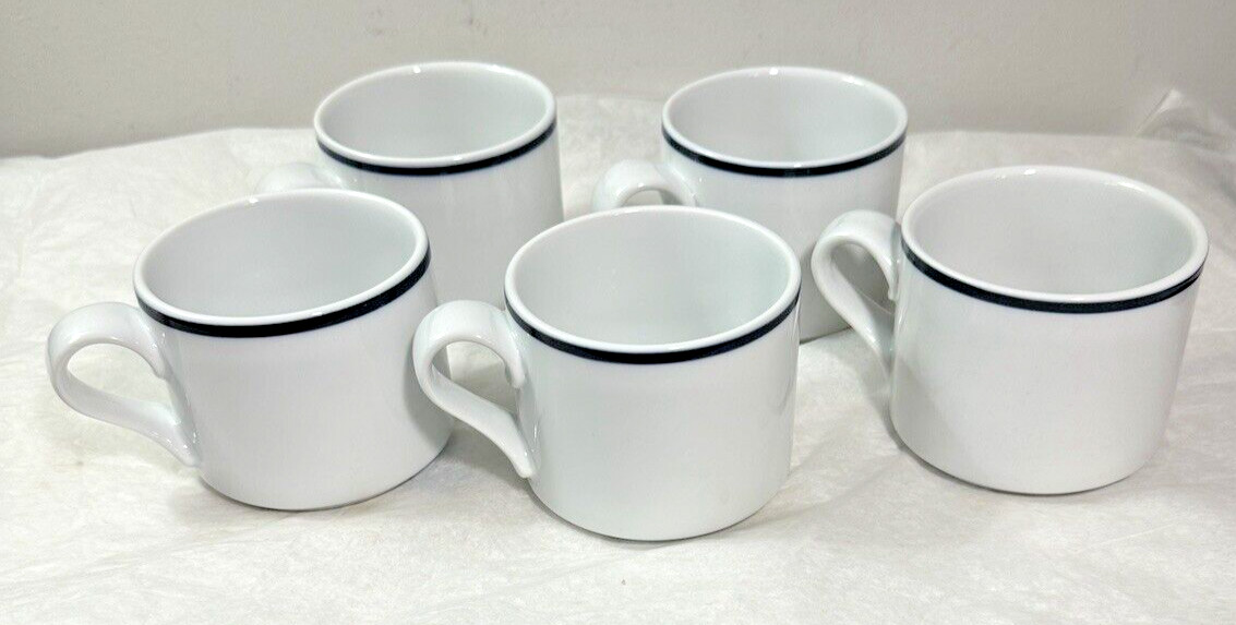 Five (5) Dansk Bistro Coffee / Tea Cups- Christianshavn Blue Stripe - Portugal