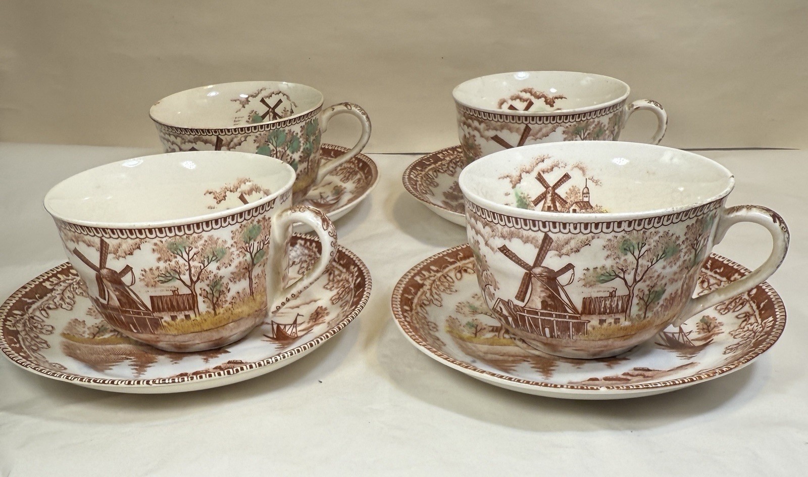 Set of Four Tea Cups & Saucers Holland Windmill / Sailing Boats - Japan