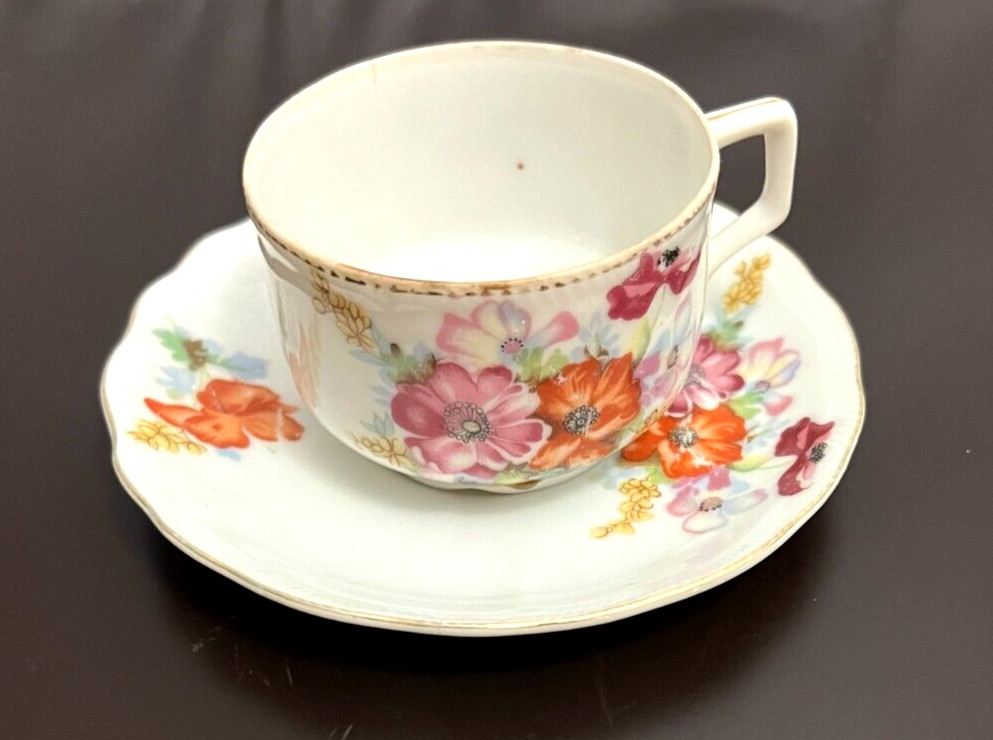 Occupied Japan Tea Cup / Saucer Hand Painted Flowers Pink Orange Violet
