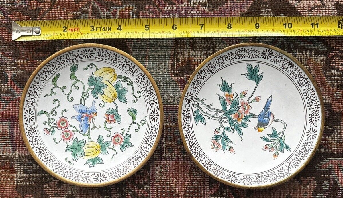 Two (2) Vintage Brass Chinese Enamel Painted Bowls -- 5 1/4 " - Image 1