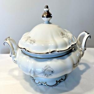 Hutschenreuther Sylvia Gray Rose / Platinum Round 9" Covered Vegetable Dish NEW