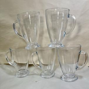 Set of 5 (Five) Footed Coffee Mugs Cups Clear Glass Hot Cold Drink 16 oz - NWOT