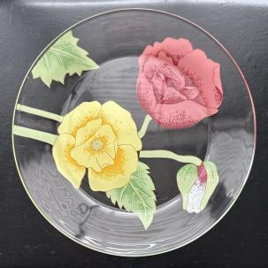 Six (6) Vintage Arcoroc France Painted Floral Glass Plates 9 inches - Immaculate