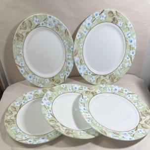 Five (5) Corelle SPRING LINEN Dinner Plates 10 3/4" Brown Blue Wide Rim