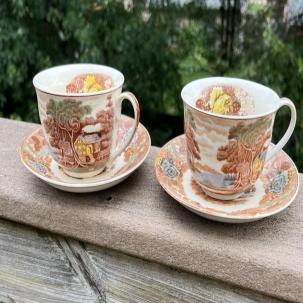 Two Vintage Nasco Mountain Wood-land Woodland Tea Cups / Saucers - Japan