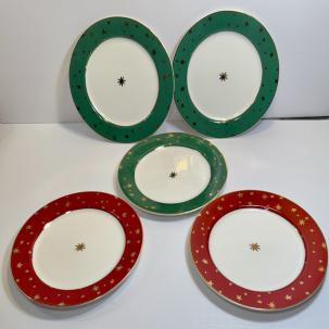 Set of 5 Sakura Galaxy Fine Porcelain Salad Plates Gold Stars on Red / Green Rim